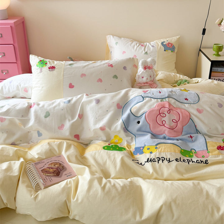 Children's Plush Embroidered Duvet Cover Set with Polka Dot Cotton Pillowcases