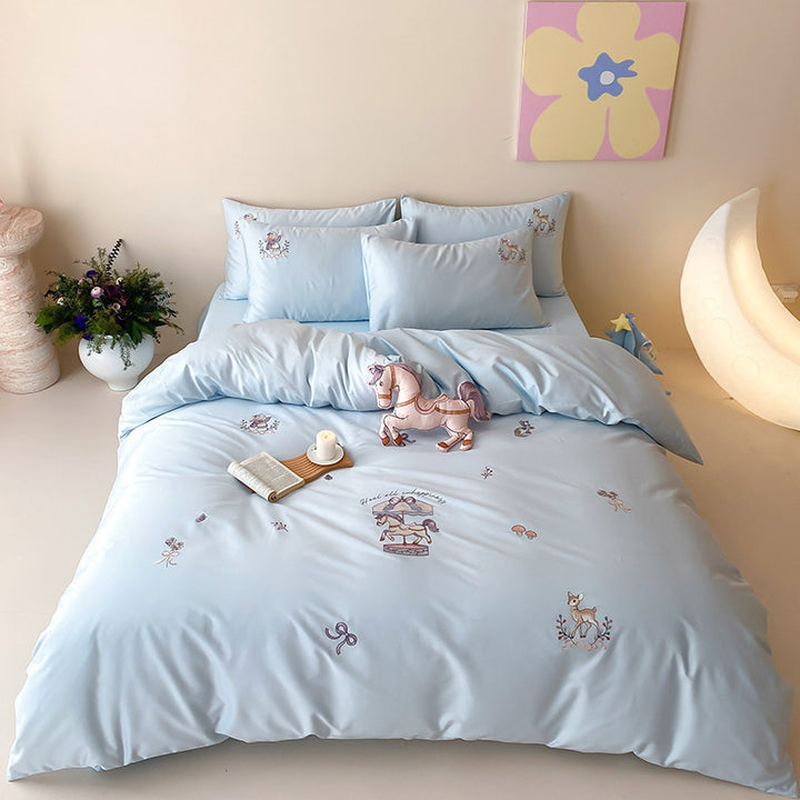 Children's Embroidered Carousel Cotton Duvet Cover Set with Pillow Shams
