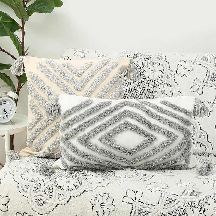Tufted Chevron Tassel Cotton-Linen Decorative Pillow Cover