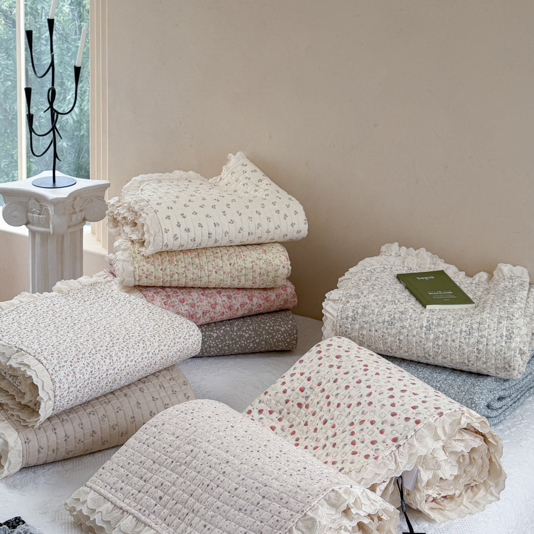 Quilted Floral Ruffled Bedding Set with Eyelet Lace Trim
