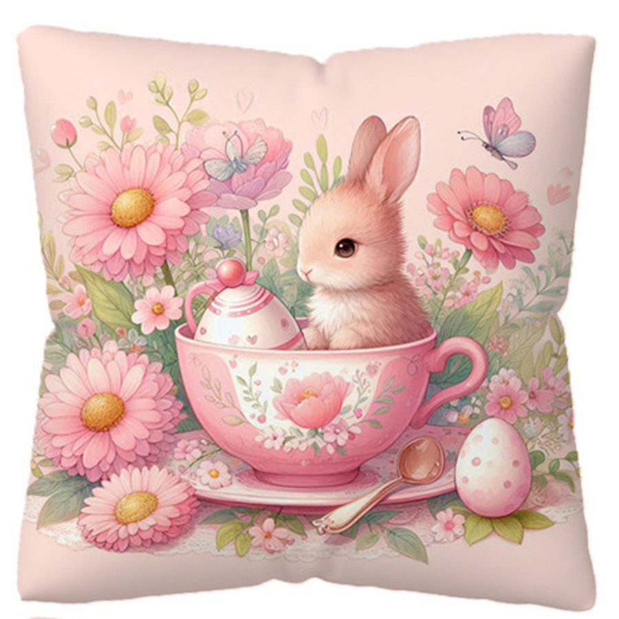 Decorative Bunny and Floral Print Throw Pillow