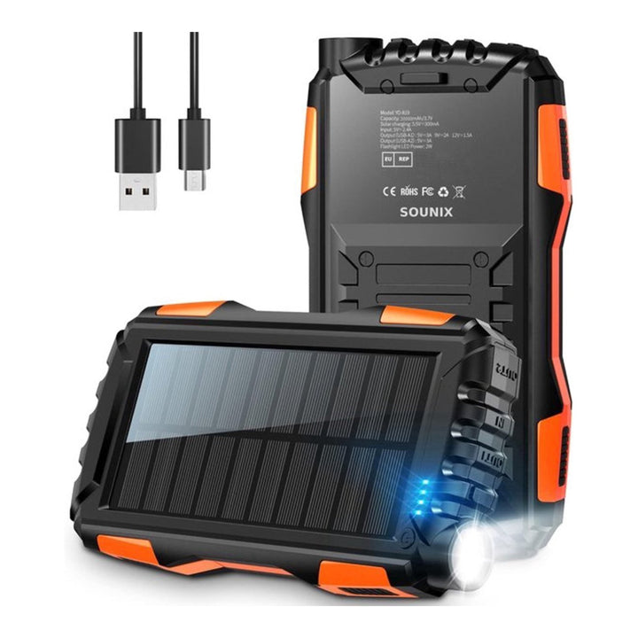 Solar-powered power bank with LED flashlight and sturdy housing Stornfield