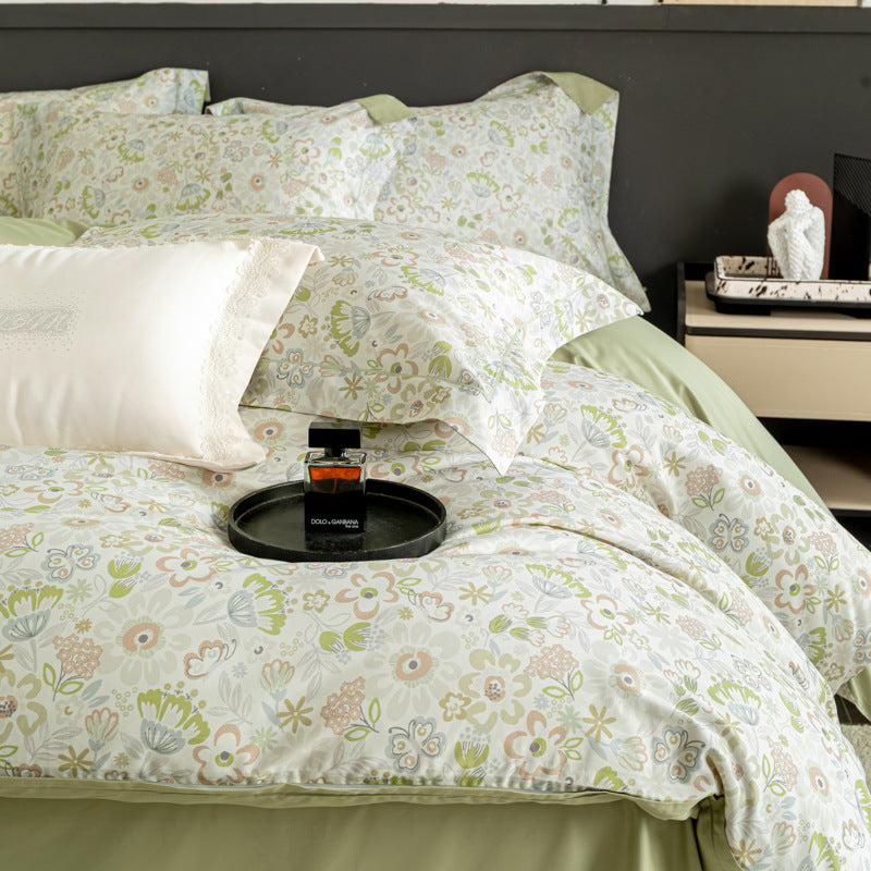 Luxurious cotton satin duvet cover set with watercolor flower pattern