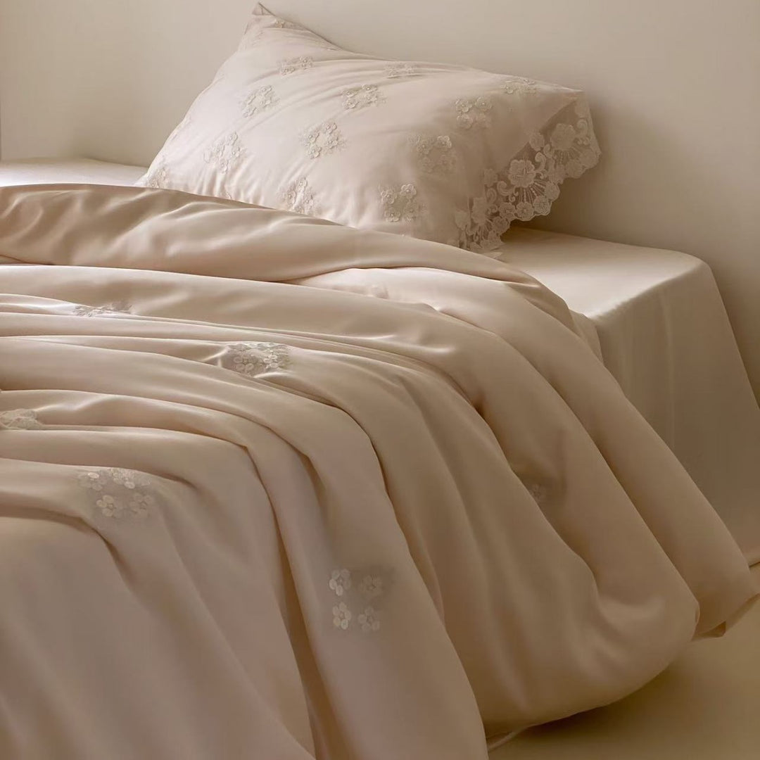 Embroidered Satin Duvet Cover Set with Lace-Trim Pillowcases