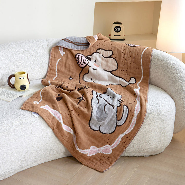 Cozy jacquard throw blanket with cute dog and cat motifs