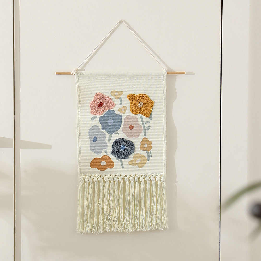 Boho Wall Hanging with Woven Flower Tufting and Macrame Fringes