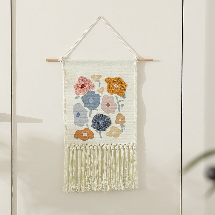 Boho Wall Hanging with Woven Flower Tufting and Macrame Fringes