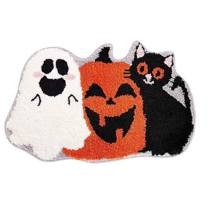 Halloween Plush Chenille NonSlip Door Rug with Ghost Pumpkin Cat Motif