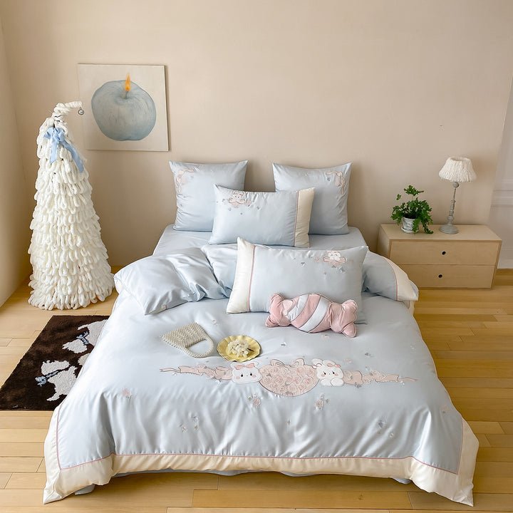 Luxury Satin Embroidered Duvet Cover Bedding Set with Decorative Pillow Shams