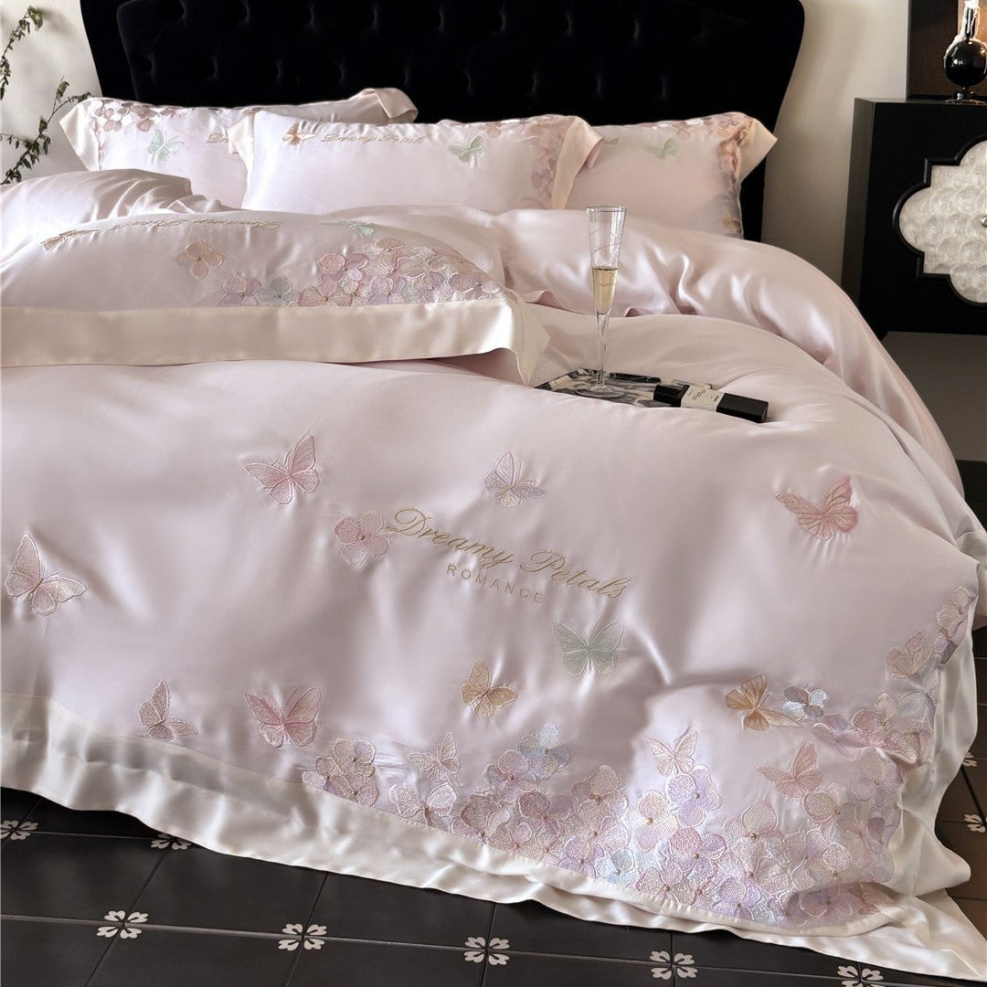 Silky Satin Embroidered Butterfly Duvet Cover & Pillow Sham Set