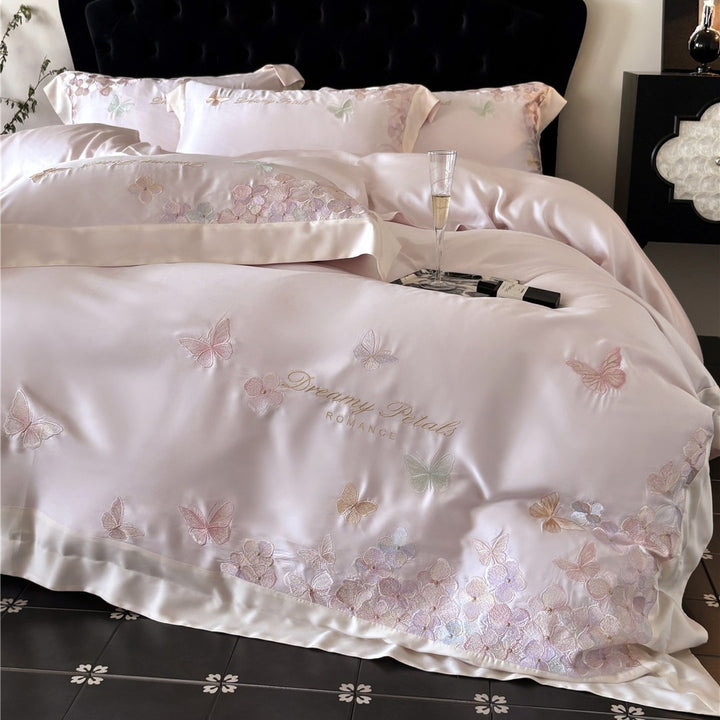Silky Satin Embroidered Butterfly Duvet Cover & Pillow Sham Set