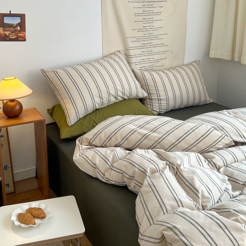 Reversible duvet cover set made of cotton renforce with fine check pattern and extra soft jersey fitted sheet