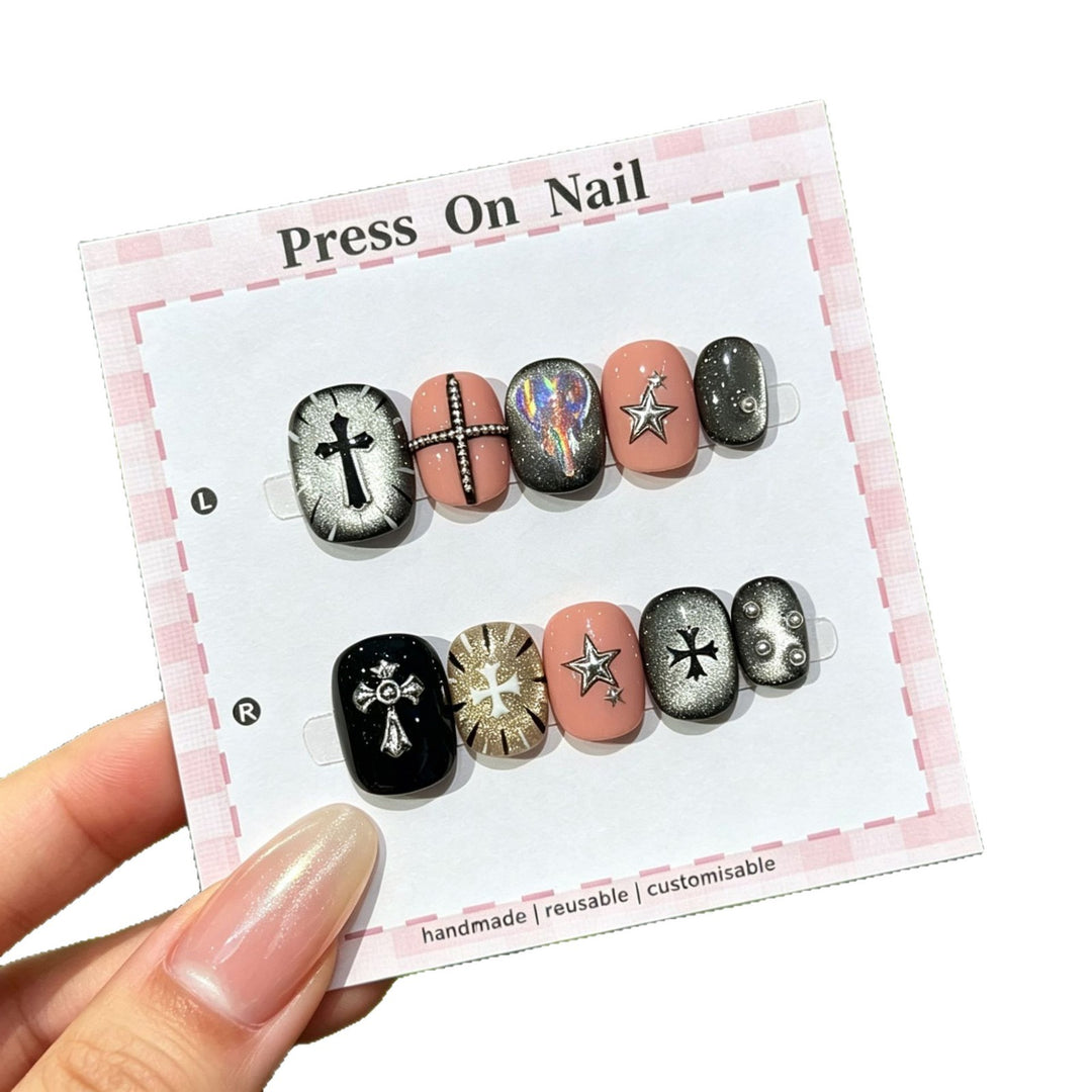 Artistic Press-On Nail Set with Custom Symbol Designs