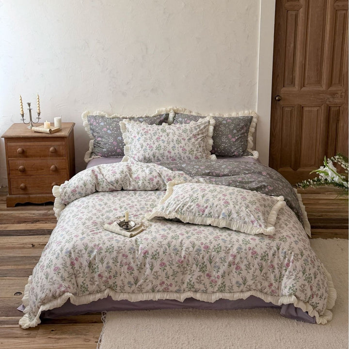 Ruffled Floral Cotton Duvet Cover Set with Frilled Edges