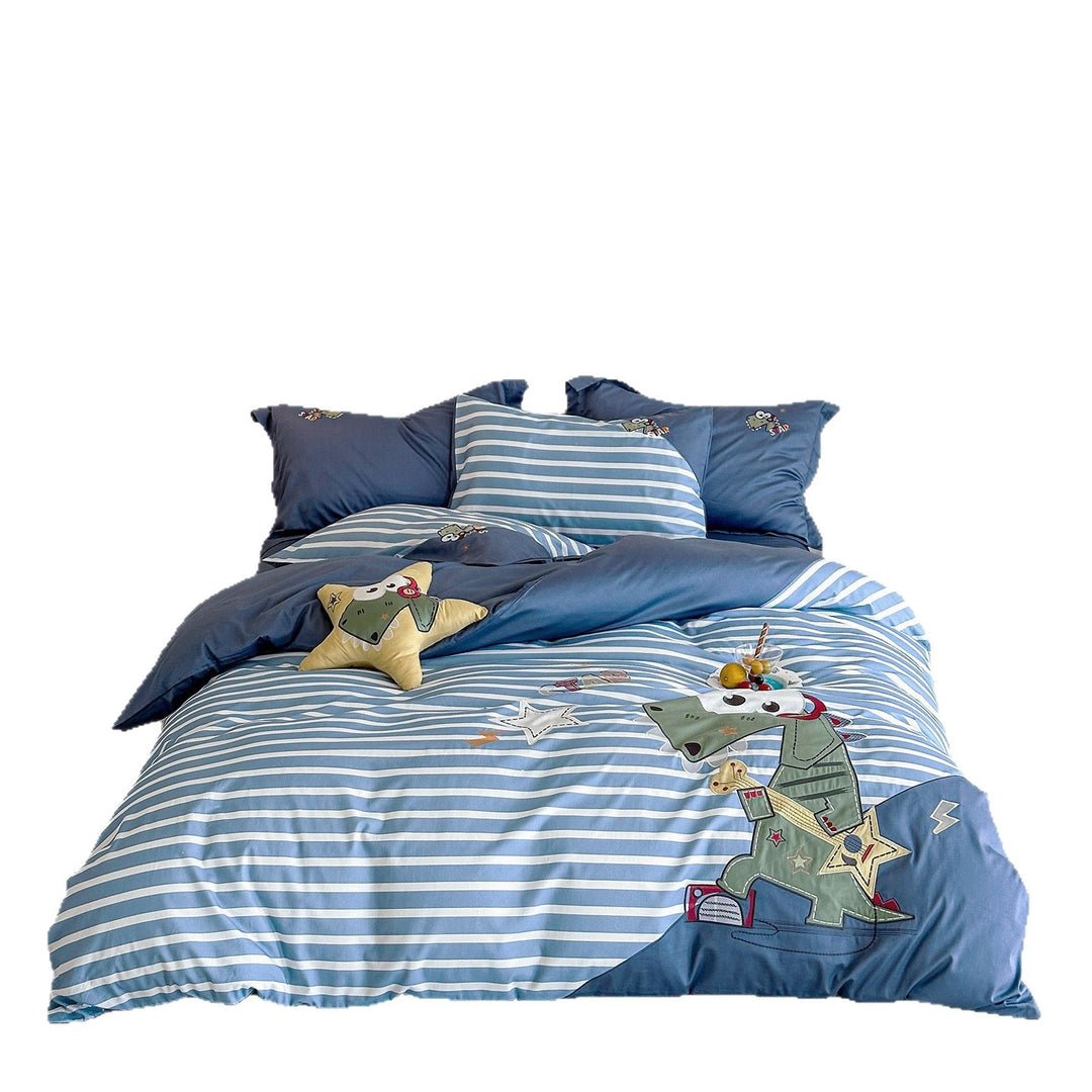 Kids Dinosaur Appliqué Striped Cotton Duvet Cover Set