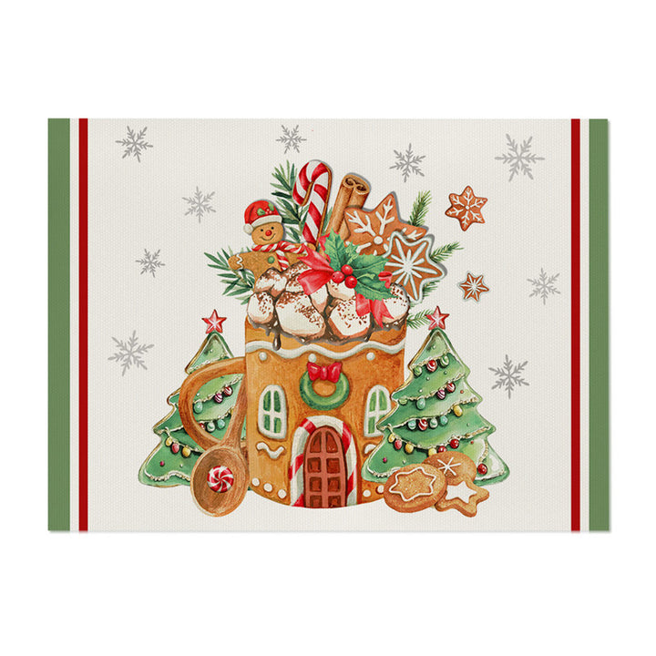 Decorative Rectangular Cotton-Linen Holiday Tablecloth with Repeating Hand-Painted Christmas Tree Motif