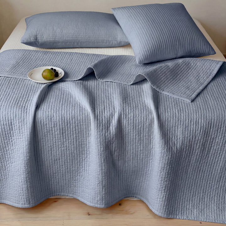 Quilted cotton bedspread set with fine linear stitching