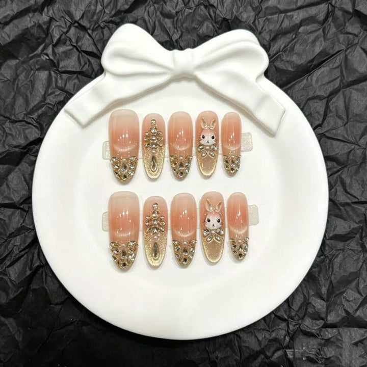 Decorative Press-On Nail Art Set with Bunny and Gem Accents