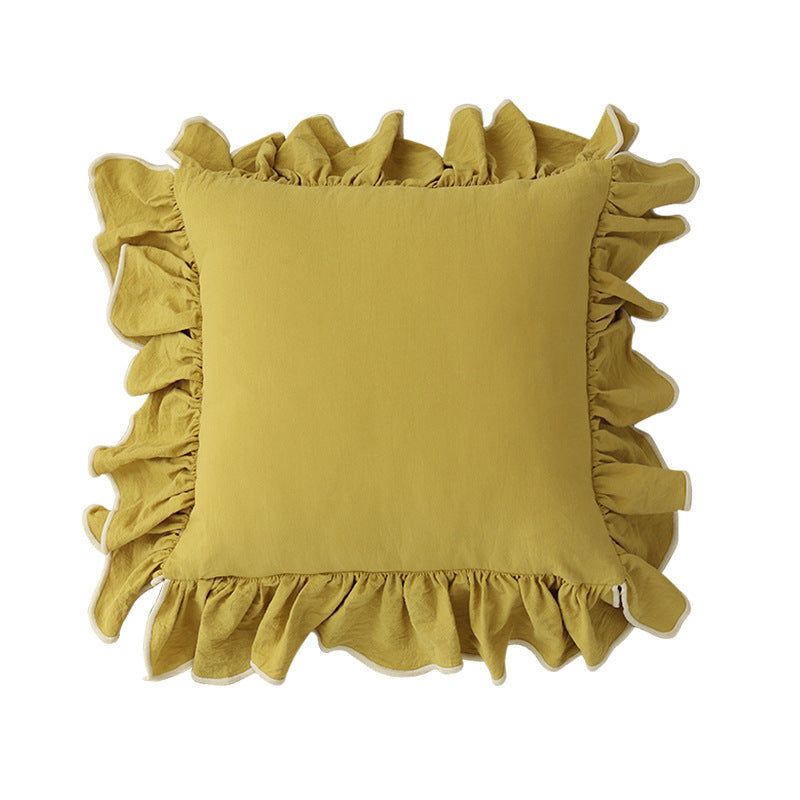 Romantic decorative cushion with gathered ruffles and linen look