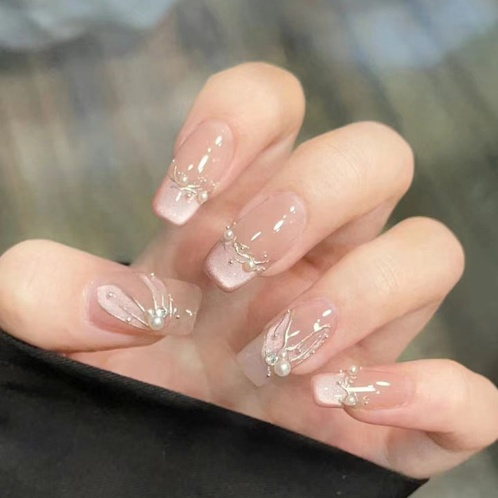 Decorative Press-On Nail Set with Pearl Accents Stornfield