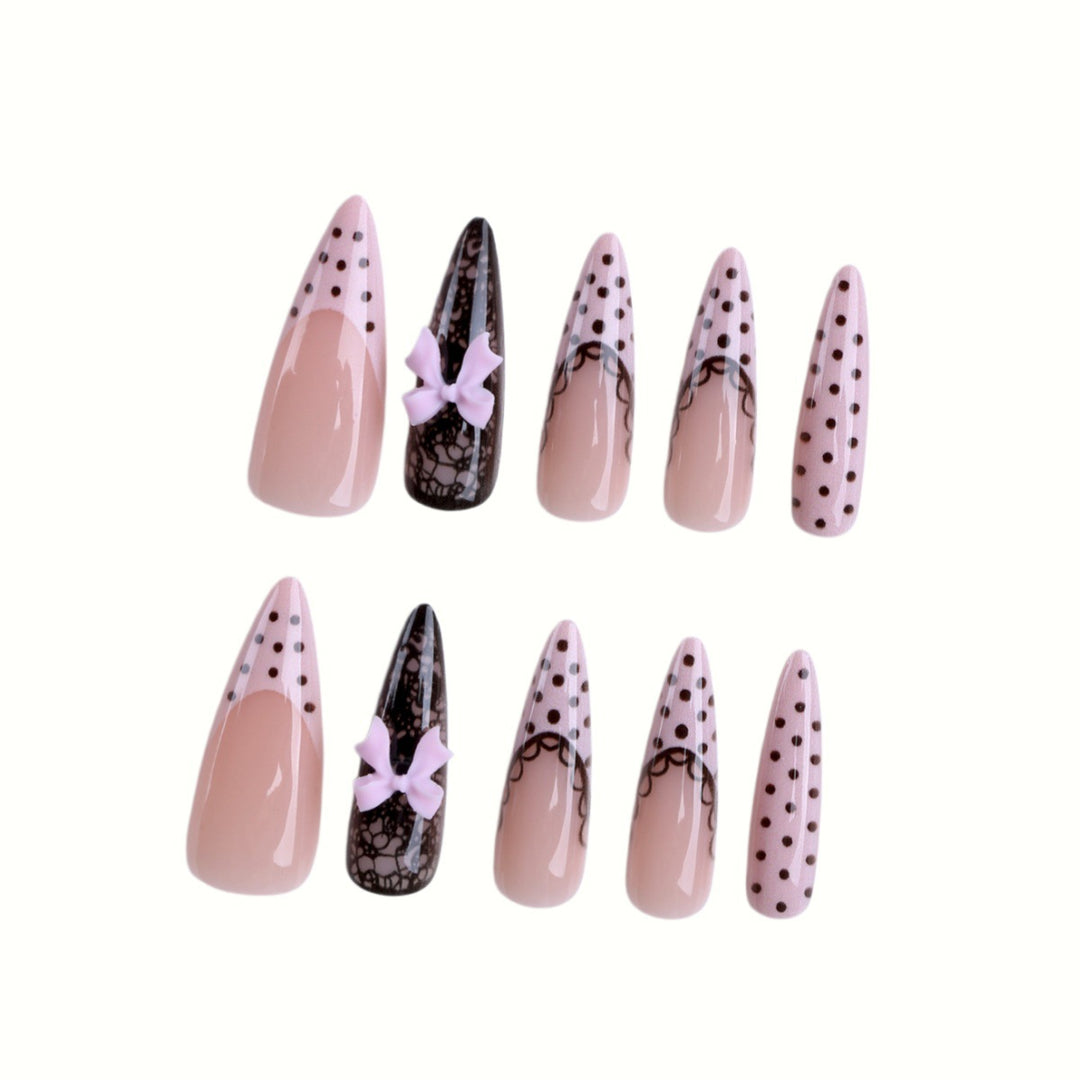 Elegant Stiletto Press-On Nail Set with Lace and Bow Design Stornfield