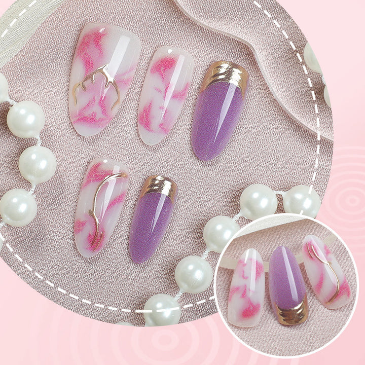 Elegant Marbled Press-On Nail Art Set with Gold Accents Stornfield