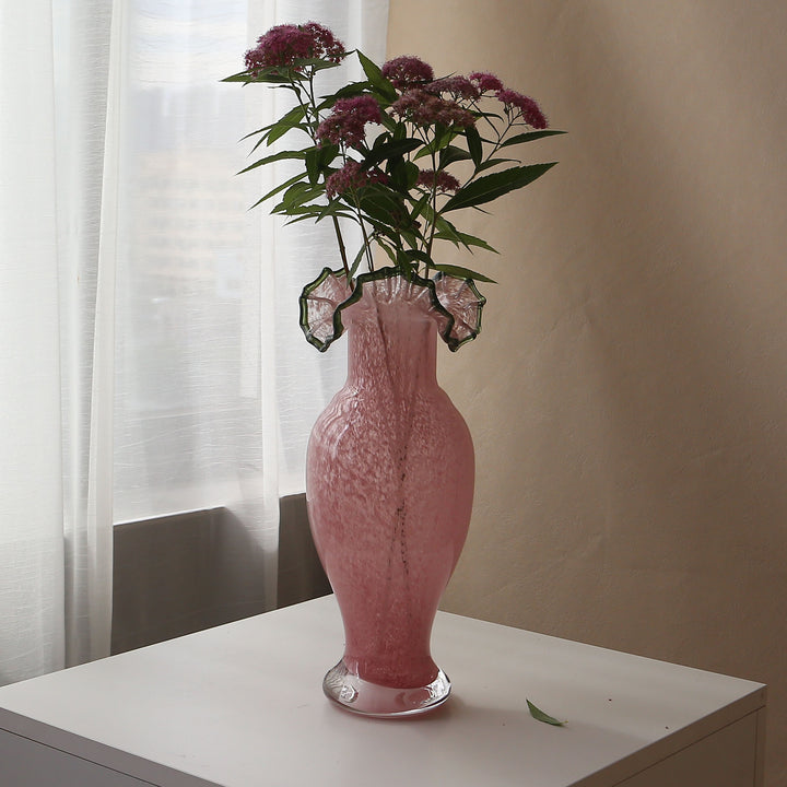 Handblown Ruffled-Edge Tall Pedestal Art Glass Vase Stornfield