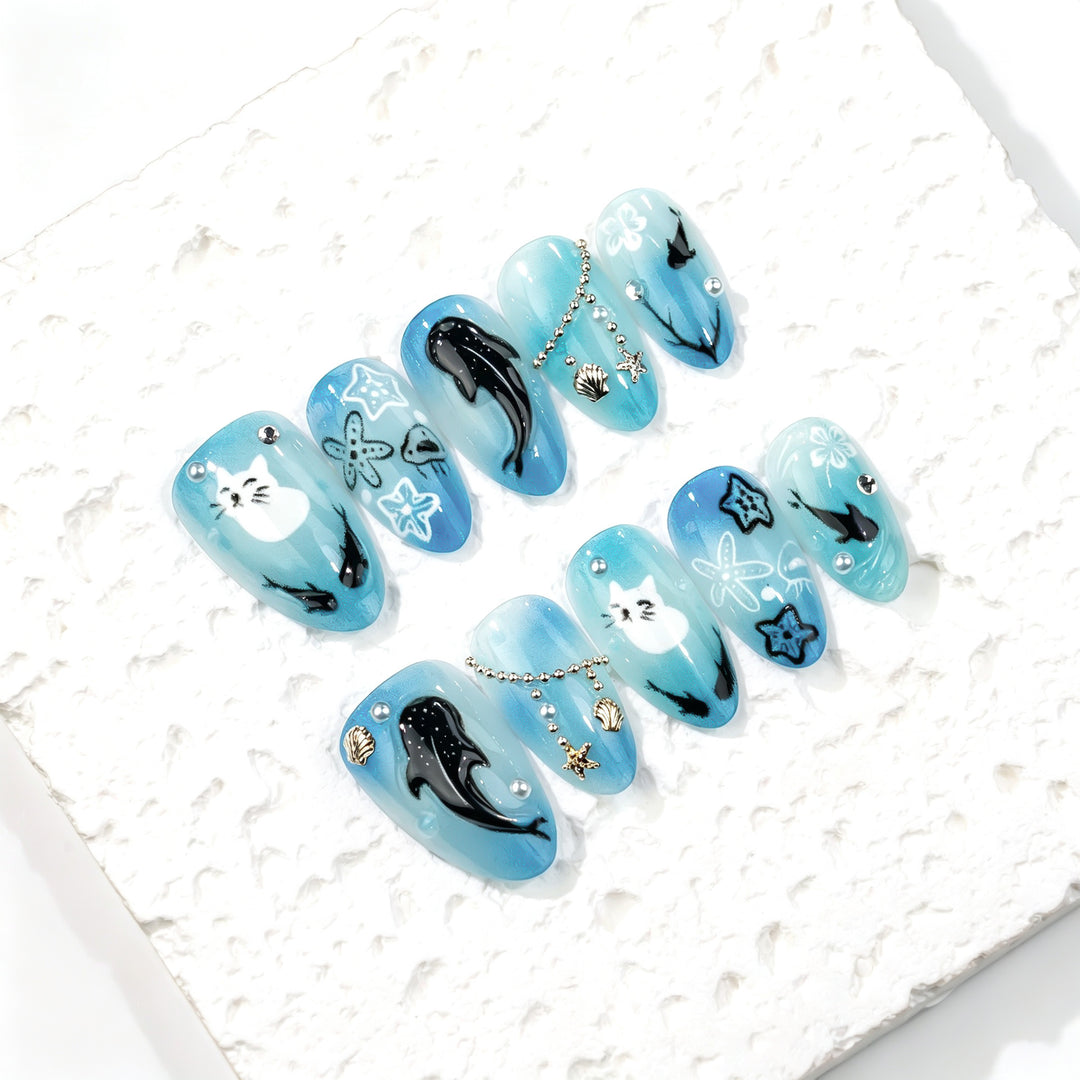 Ocean-Inspired Artistic Press-On Nail Collection