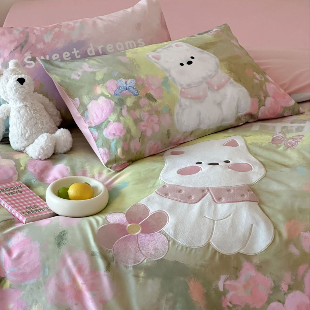 Children's bedding set with applied cat detail, watercolor flower print, and extra soft cotton blend