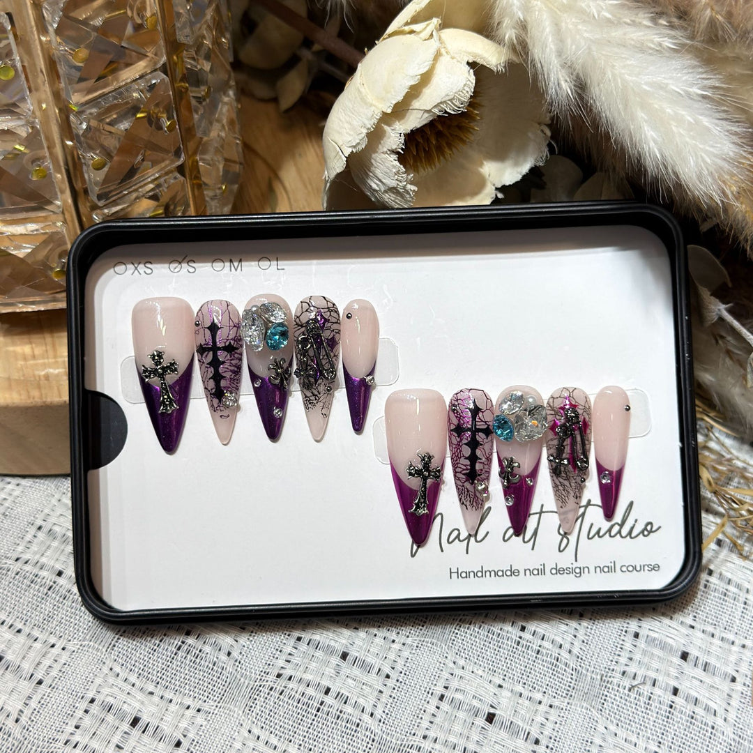 Artistic Stiletto Press-On Nail Set with Unique Floral and Gemstone Accents Stornfield