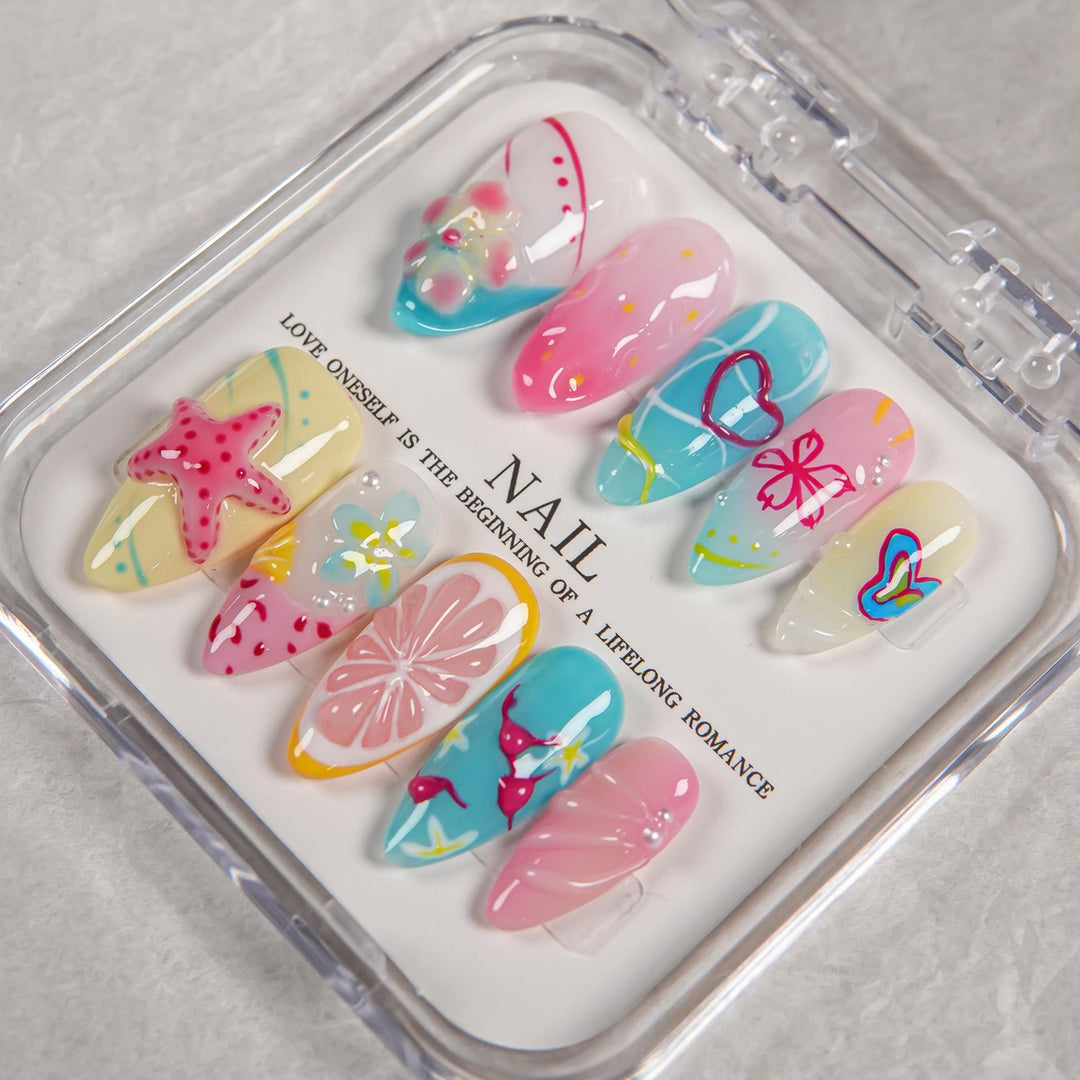 Artistic Press-On Nail Set Featuring Summer Designs