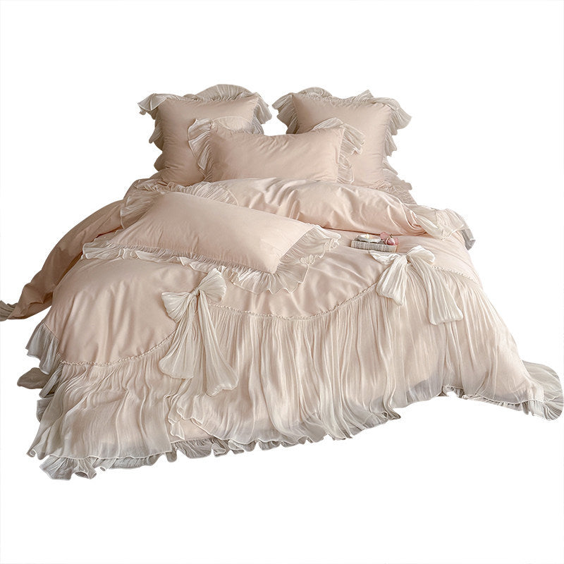 Romantic Ruffled Pleated Duvet Cover Ensemble with Bow-Tie Skirt & Oxford Shams