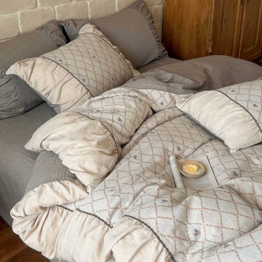 Quilted Cotton Duvet Cover Set with Decorative Pillow Shams and Ruffled Edge