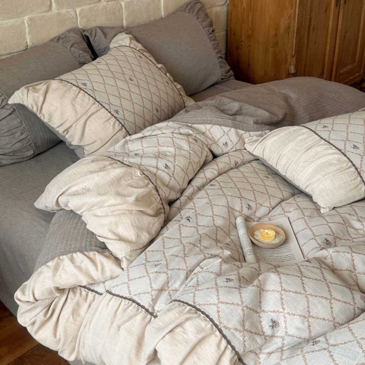 Quilted Cotton Duvet Cover Set with Decorative Pillow Shams and Ruffled Edge