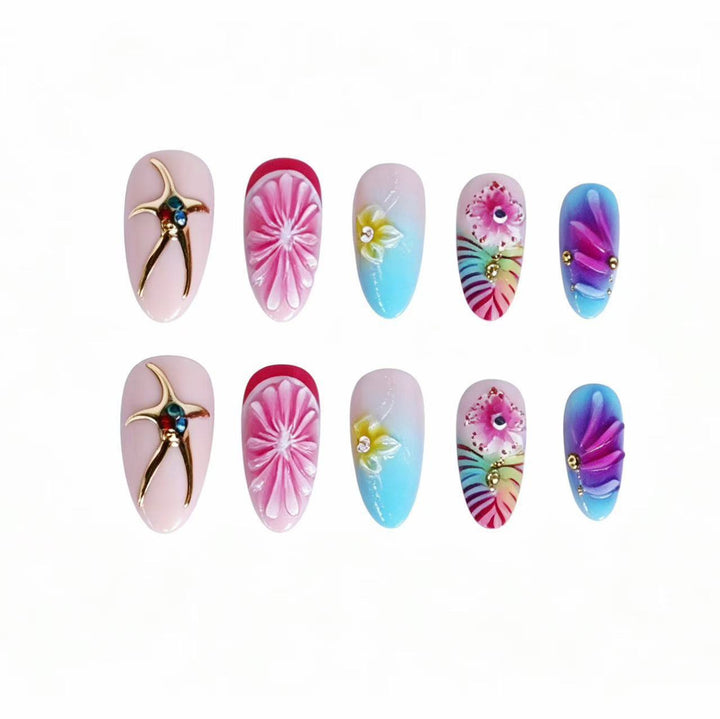 Artistic Press-On Nail Set with Floral 3D Design Stornfield