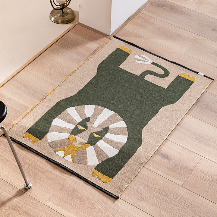 Flat-woven runner with stylized lion motif and non-slip backing
