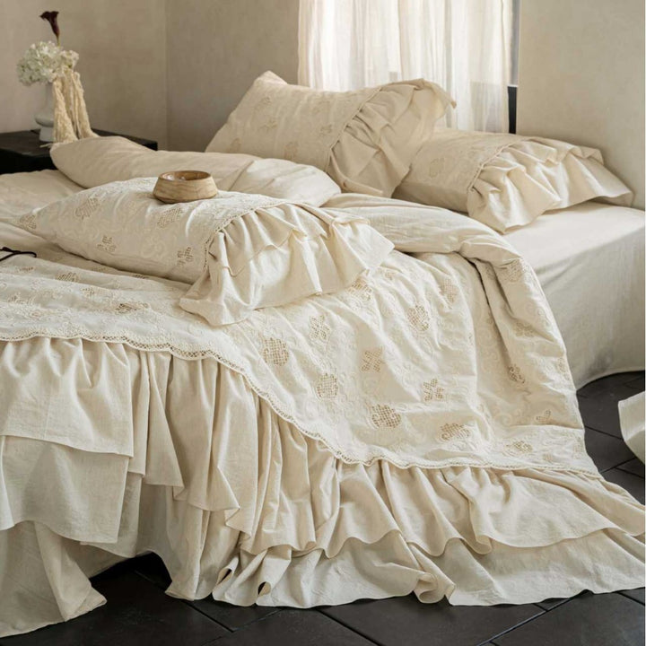 Embroidered Cotton-Linen Ruffled Duvet Cover Set