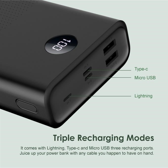 High-capacity dual-port fast charging power bank with digital battery display and USB-C pass-through Stornfield
