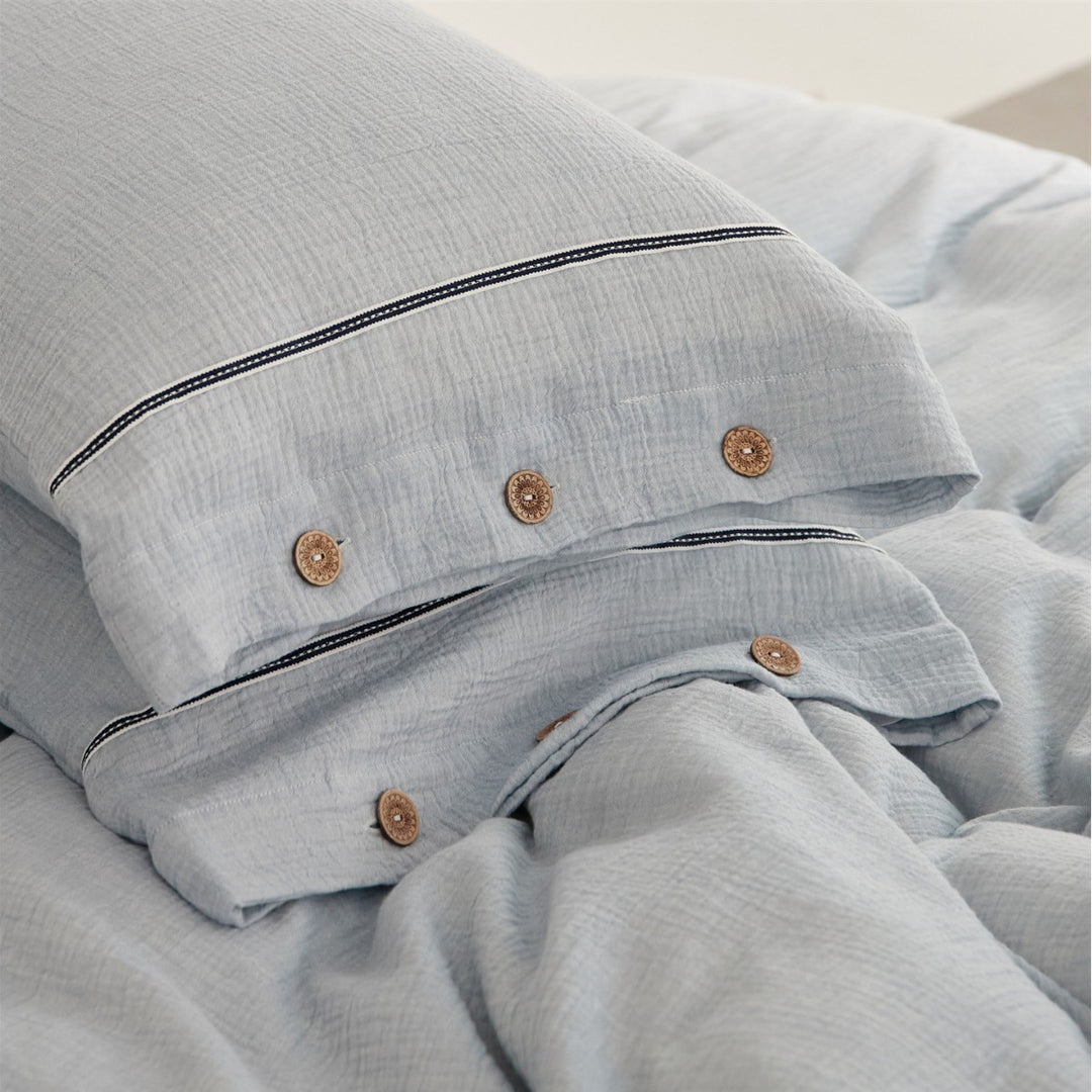 Crinkled Cotton Gauze Duvet Cover & Button-Closure Pillowcase Set with Decorative Metal Buttons and Contrast Tape Trim