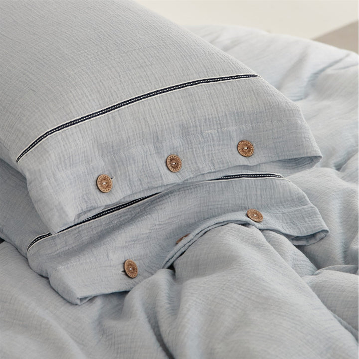 Crinkled Cotton Gauze Duvet Cover & Button-Closure Pillowcase Set with Decorative Metal Buttons and Contrast Tape Trim