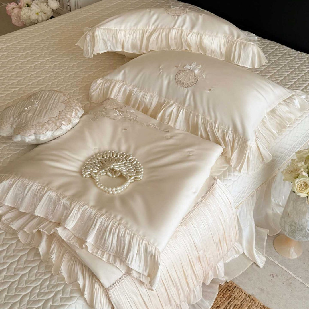 Luxury Satin-Trim Ruffled Duvet & Sham Ensemble with Pleated Flange and Delicate Shell Embroidery