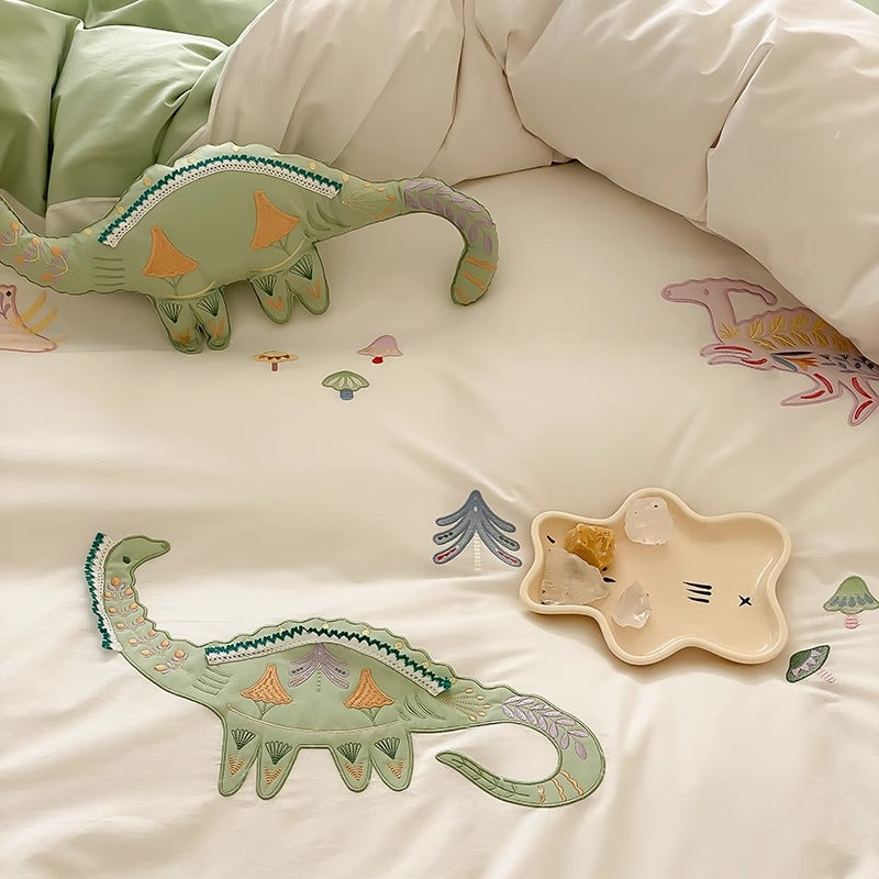 Children's Embroidered Dinosaur Cotton Sateen Duvet Cover Bedding Set