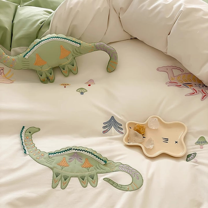Children's Embroidered Dinosaur Cotton Sateen Duvet Cover Bedding Set