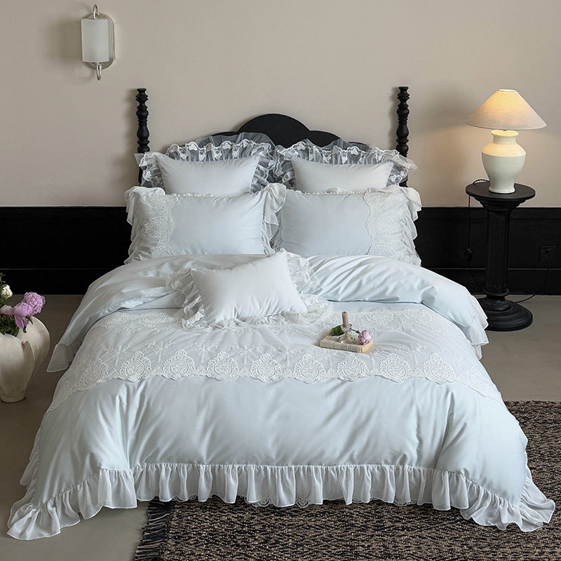 Romantic Ruffled Lace Cotton Sateen Duvet Cover Set with Scalloped Embroidery & Decorative Shams