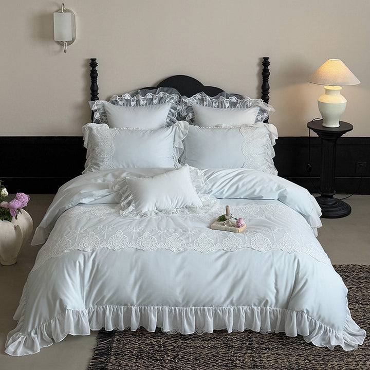 Romantic Ruffled Lace Cotton Sateen Duvet Cover Set with Scalloped Embroidery & Decorative Shams