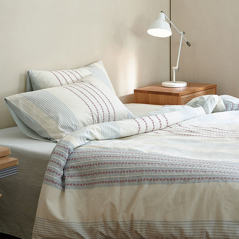 Cotton Sateen Floral-Striped Duvet Cover and Pillowcase Set