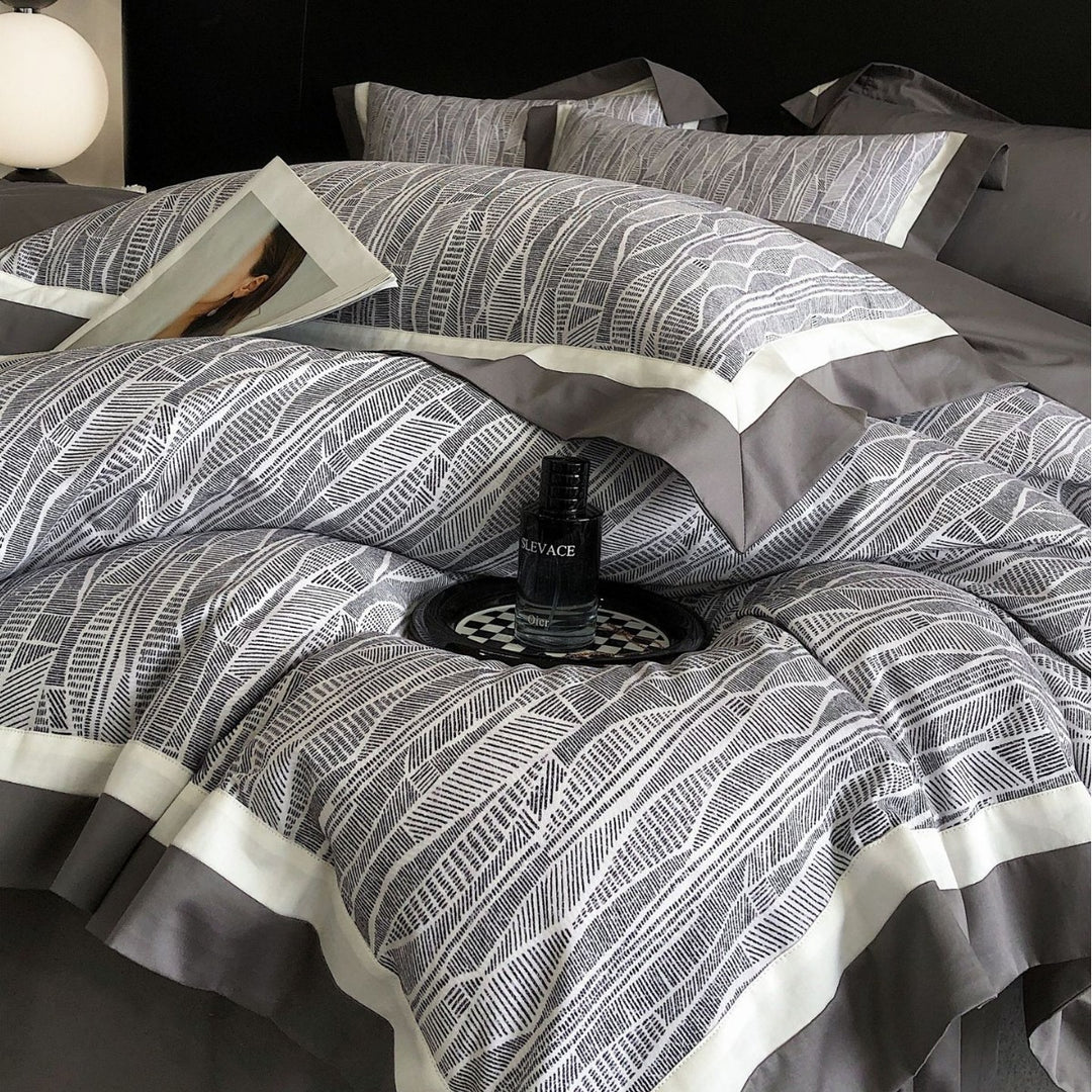 Reversible Cotton-Sateen Duvet Cover Set with Botanical Linear Print & Contrast Border