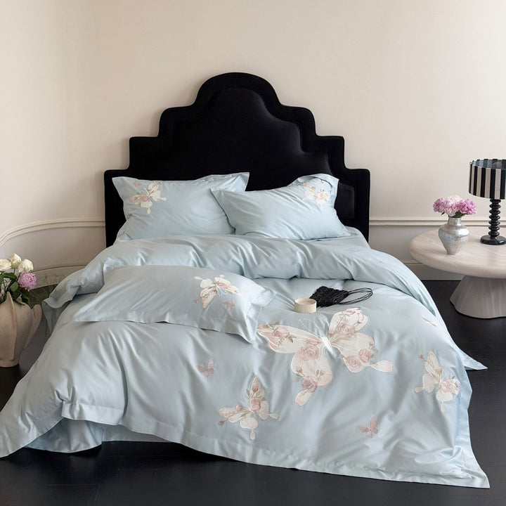 Embroidered Butterfly Cotton-Sateen Duvet Cover Set with Delicate Floral Stitching