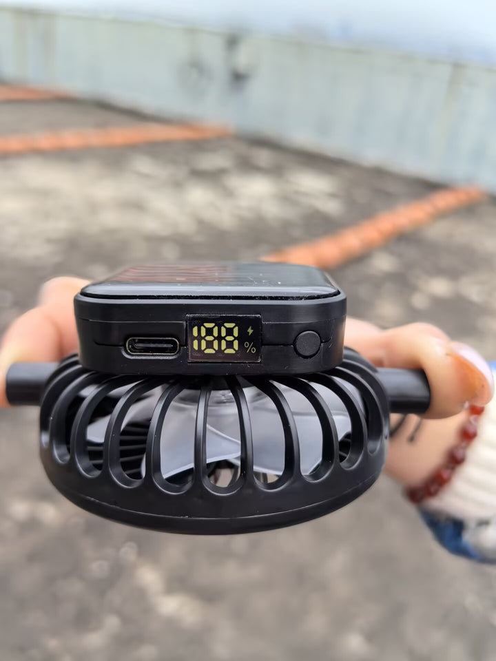 Solar-powered mini fan with digital battery level indicator and USB-C charging port Stornfield