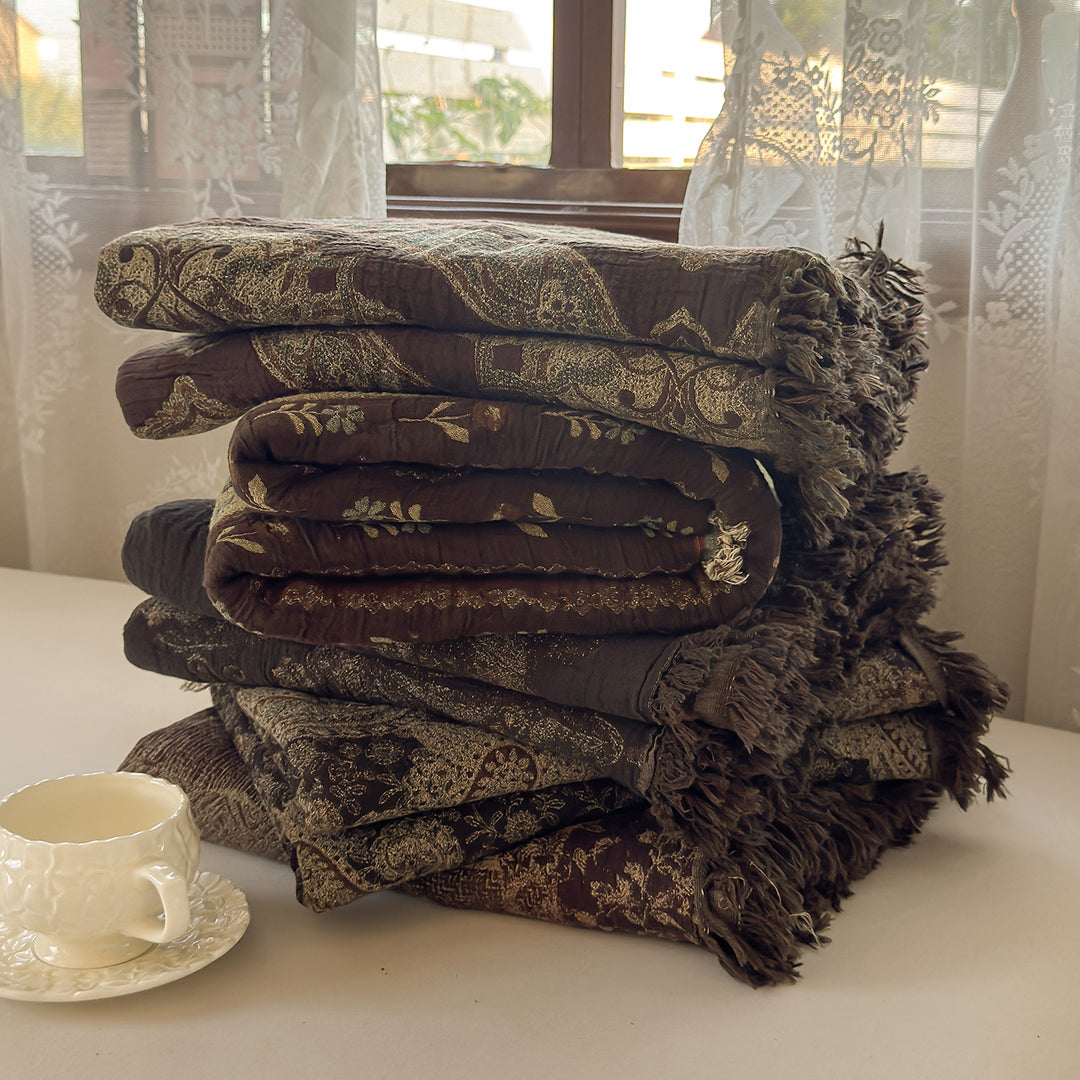 Woven Jacquard Patchwork Throw Blanket with Fringed Edges